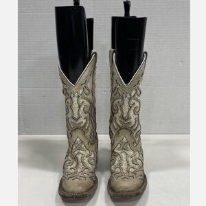 Corral Glitter Inlay Studded Cream/Tan/White Cowboy Western Boots Size 5.5